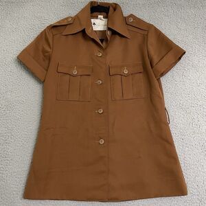 Evan Picone Cuff Sleeved Brown Button Up Top Blouse Jacket Military Vintage 70's